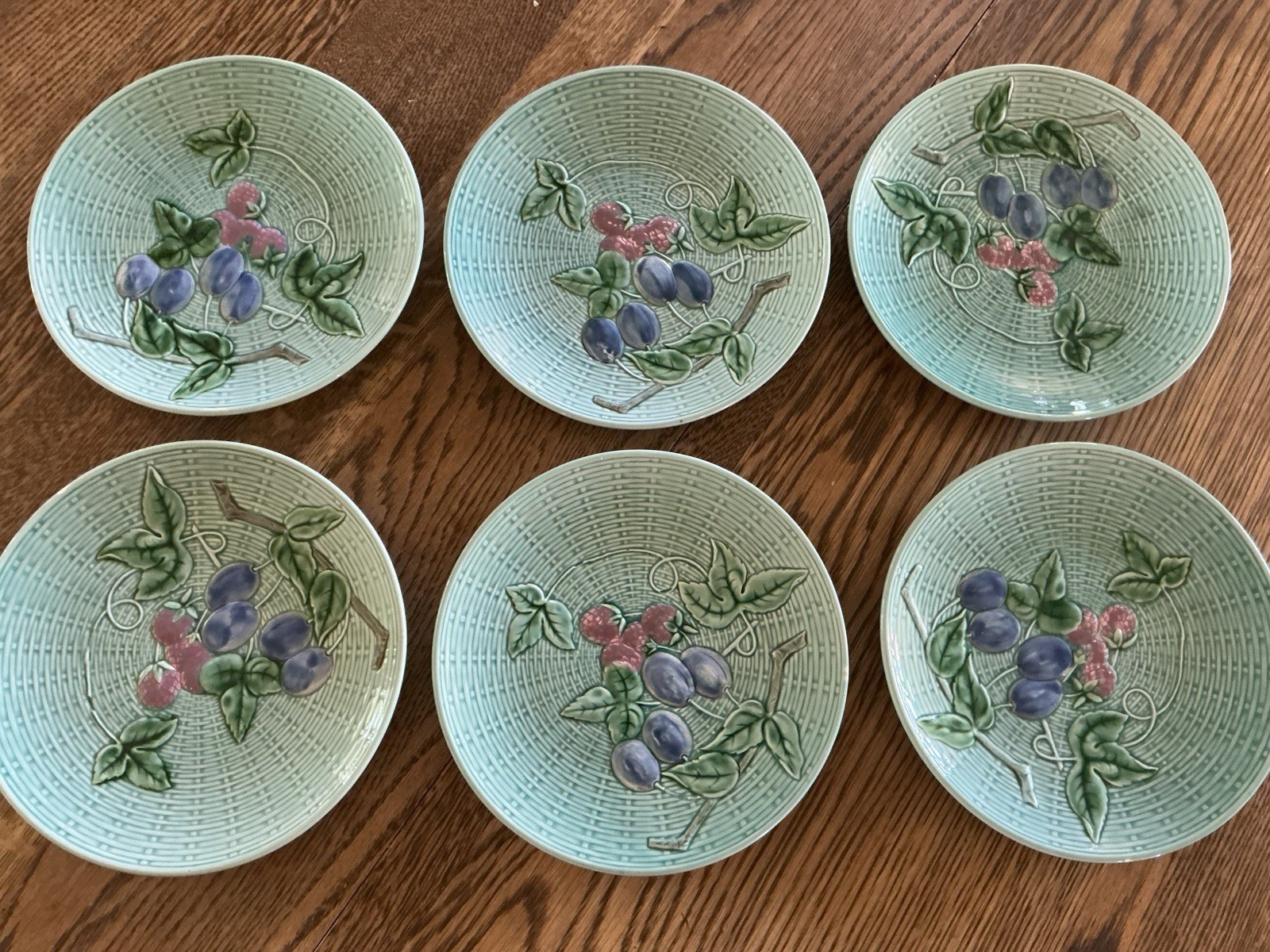 SET Of SIX Majolica Plates Teal Aqua Raspberry Plumb 2230 B Germany Weave 7.75”