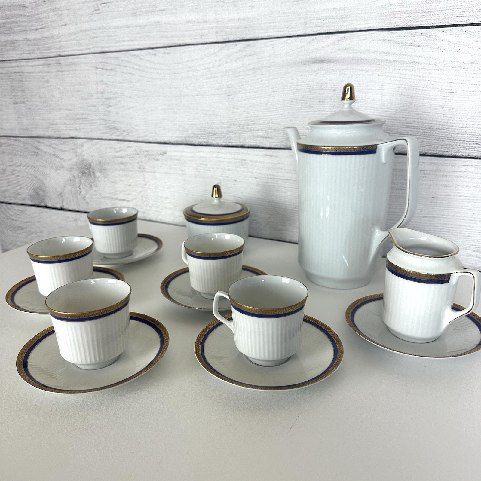VTG Bareuther Bavaria Germany 100th Anniv. Coffee Set White Cobalt Gold 14 Piece