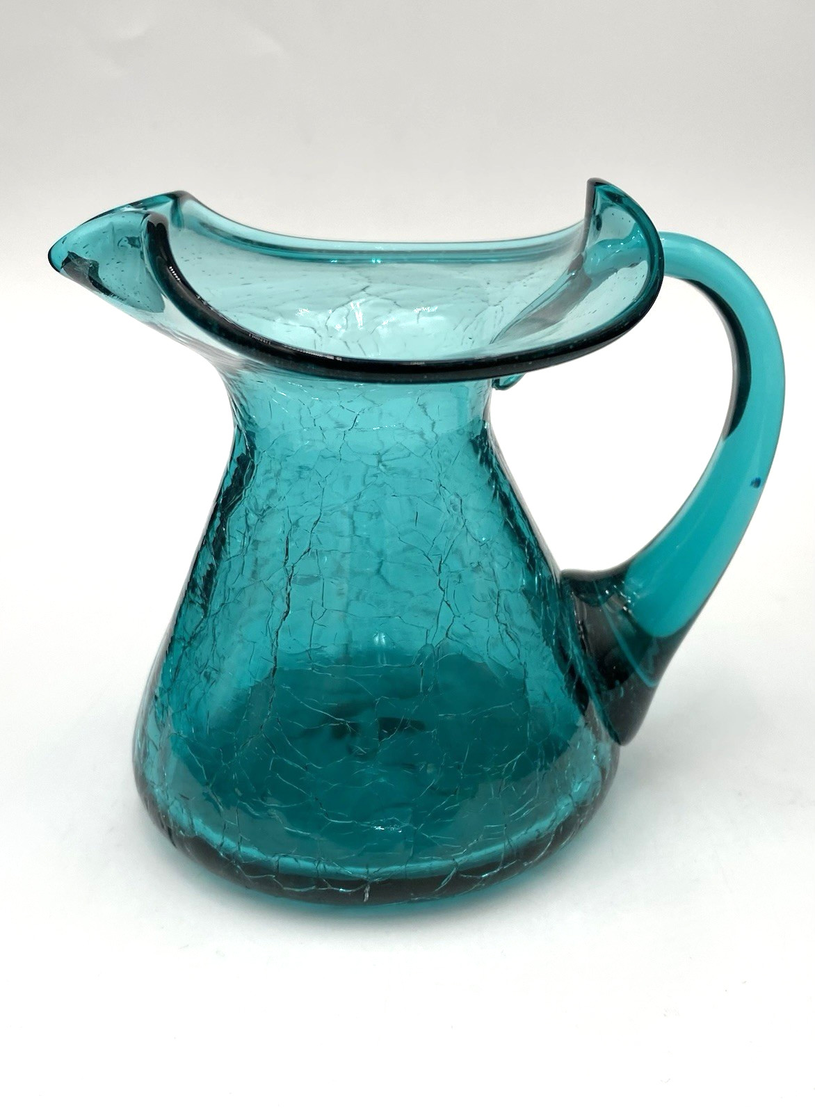 Vintage (1960s) MCM Rainbow Glass Co. Crackle Glass Pitcher, Teal, 4.25″ Tall