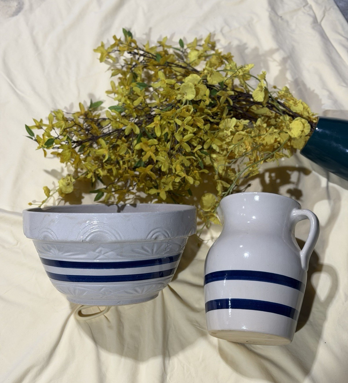 Vtg RRP Co Robinson Ransbottom Blue Band Stoneware 3pc Set Bowl Pitcher