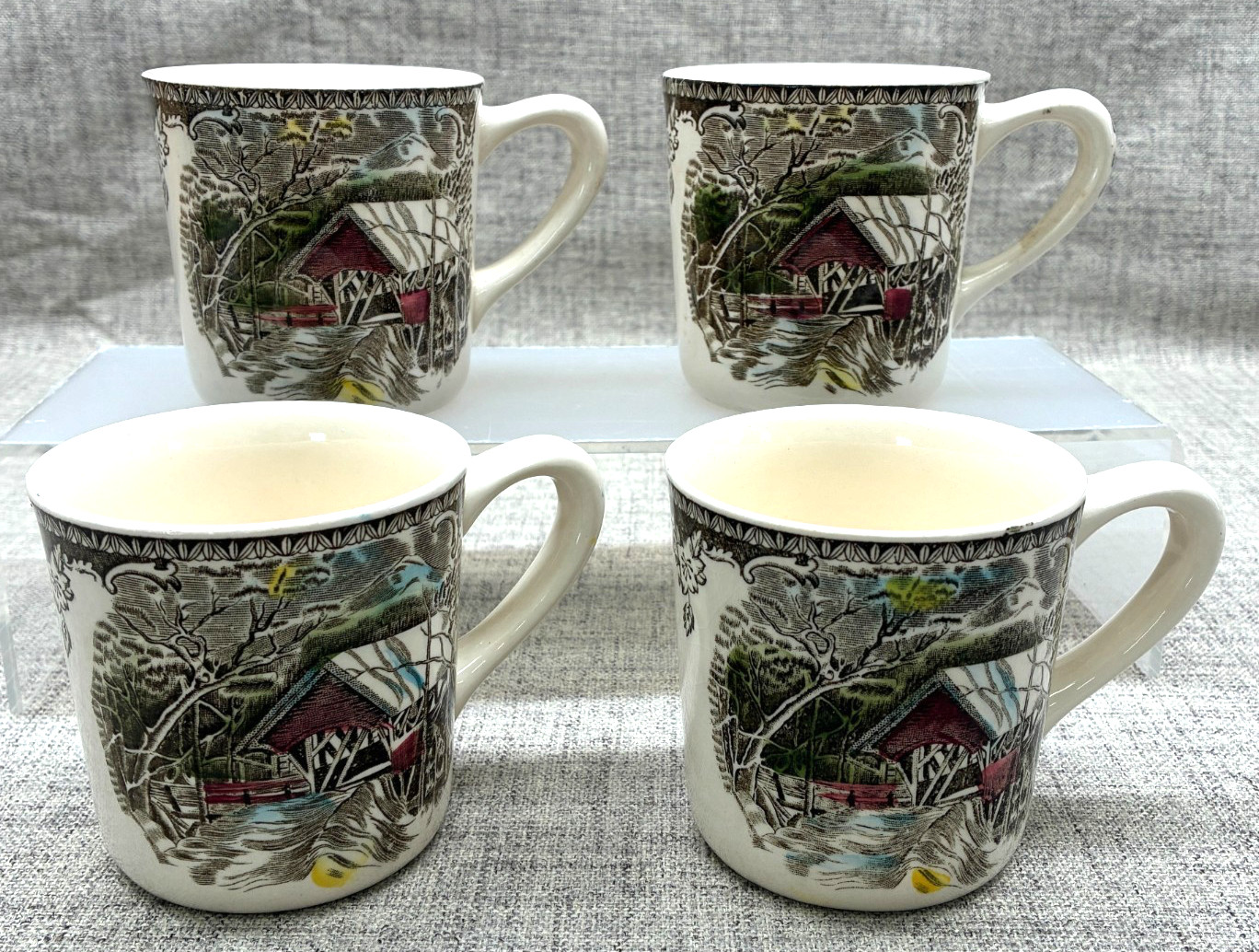 Johnson Bros The Friendly Village Covered Bridge Coffee MUGS England Set of Four