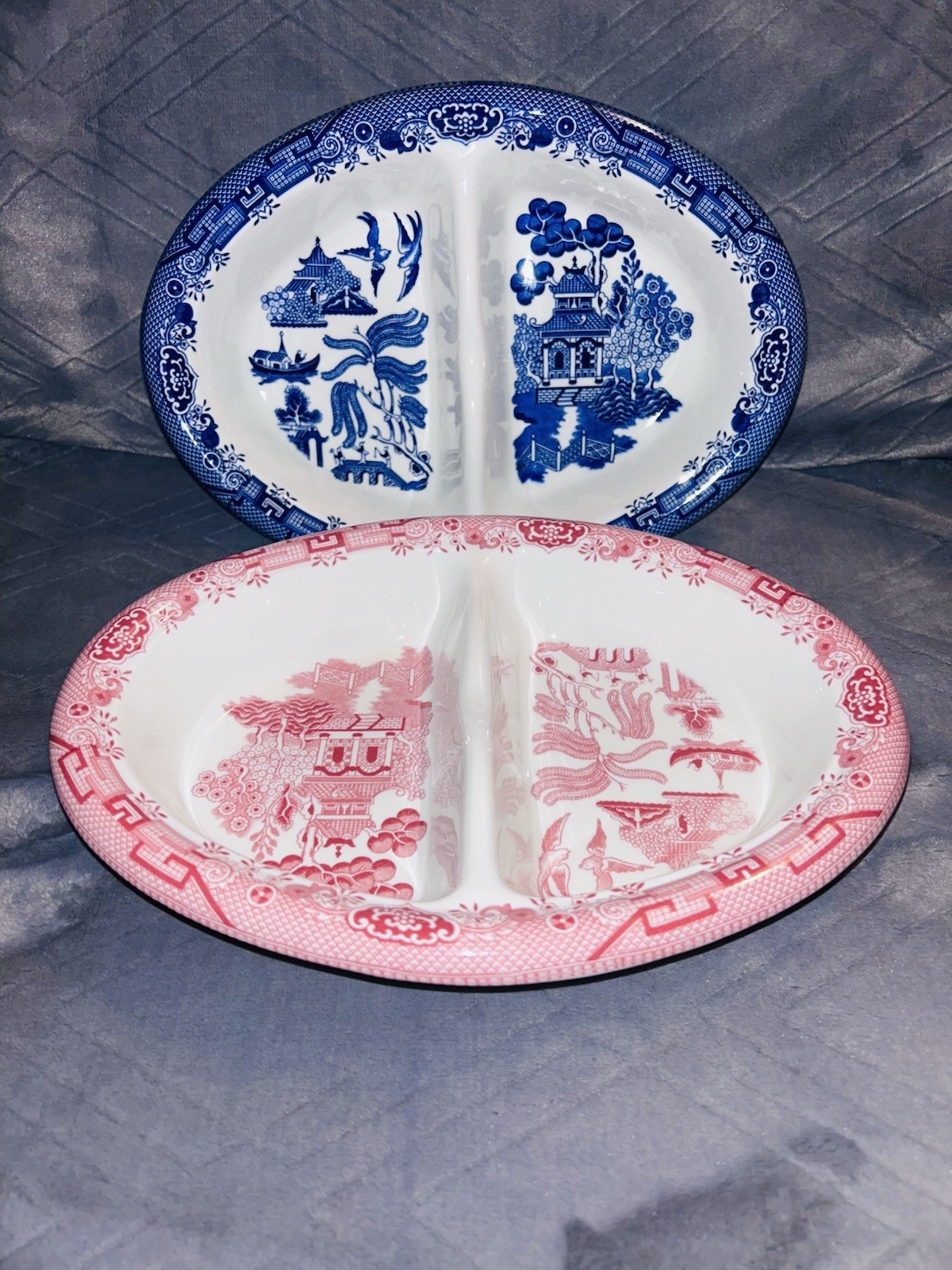 Vintage Churchill Of England Blue & Pink Willow Oval Divided Serving Dishes