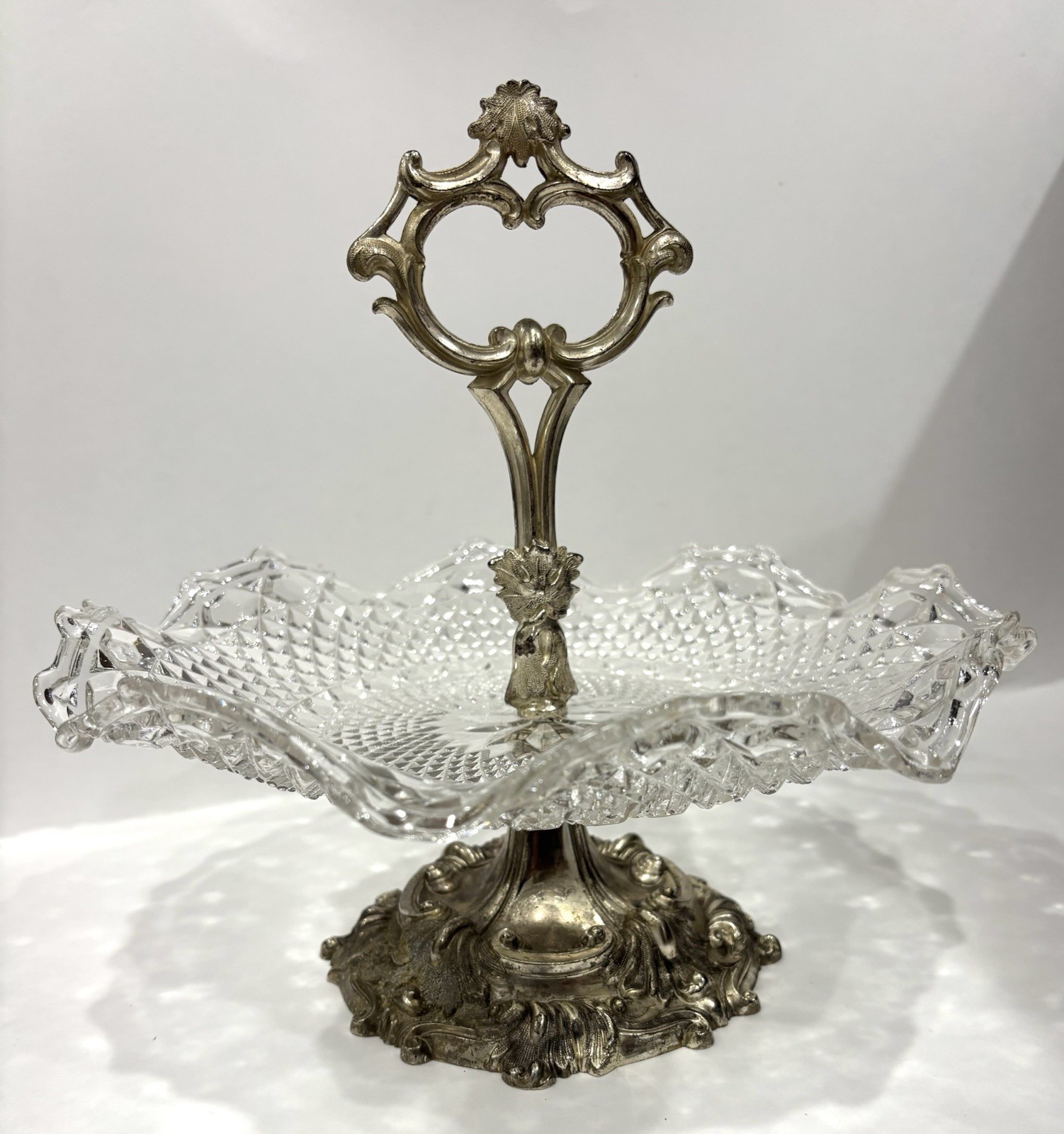 Vintage Bell Mark Silverplate Pressed Glass Pedestal Centerpiece Tidbit Dish