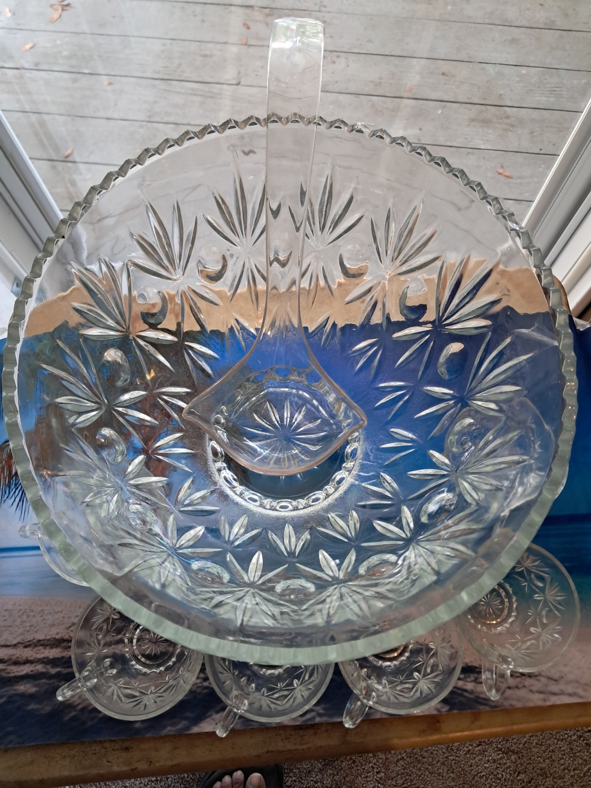 Crystal Punch Bowl Set With 6 Cups & Laddle