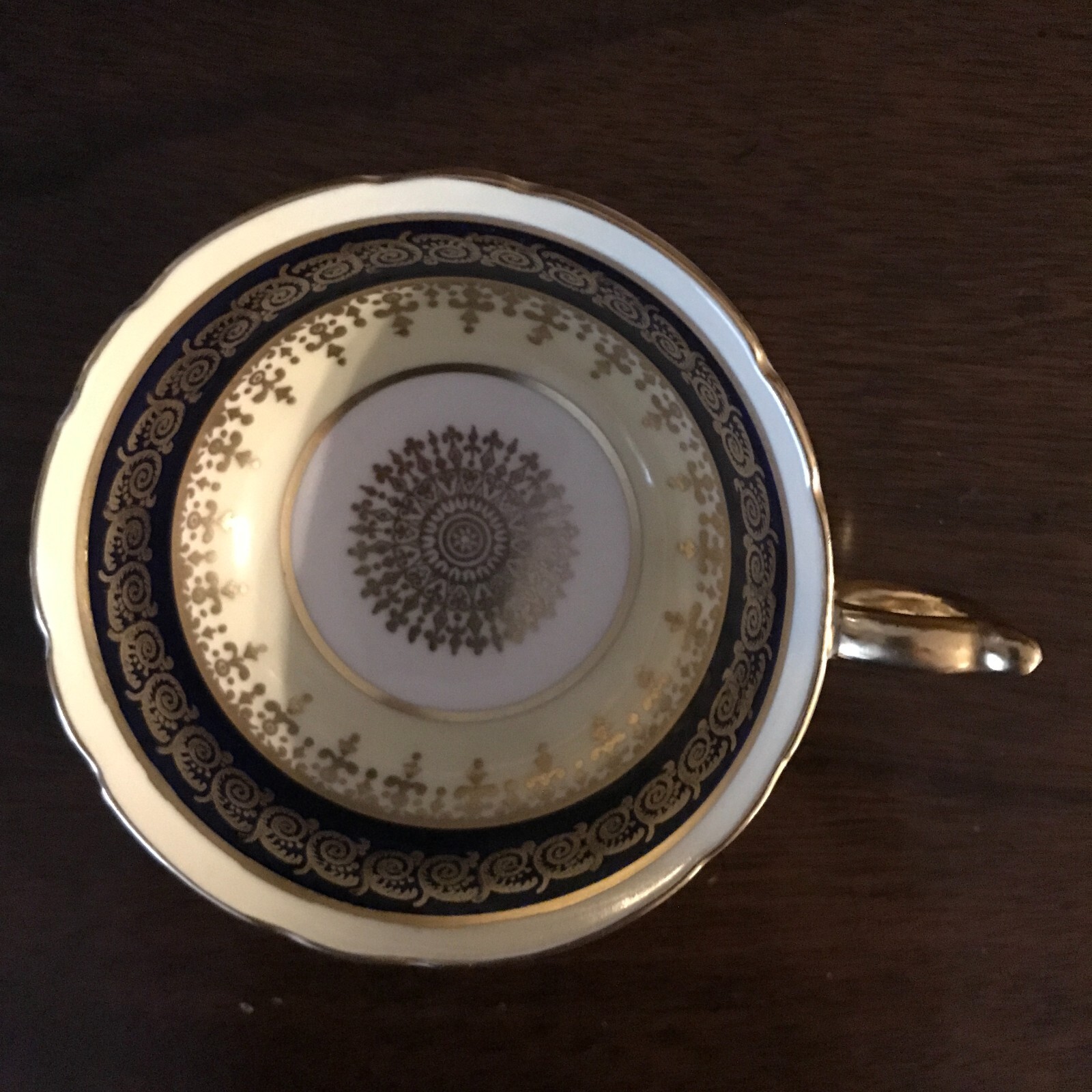 Vtg PARAGON Bone China Cup Saucer, Lt Yellow & Cobalt Blue, Gilded Lacy Filigree