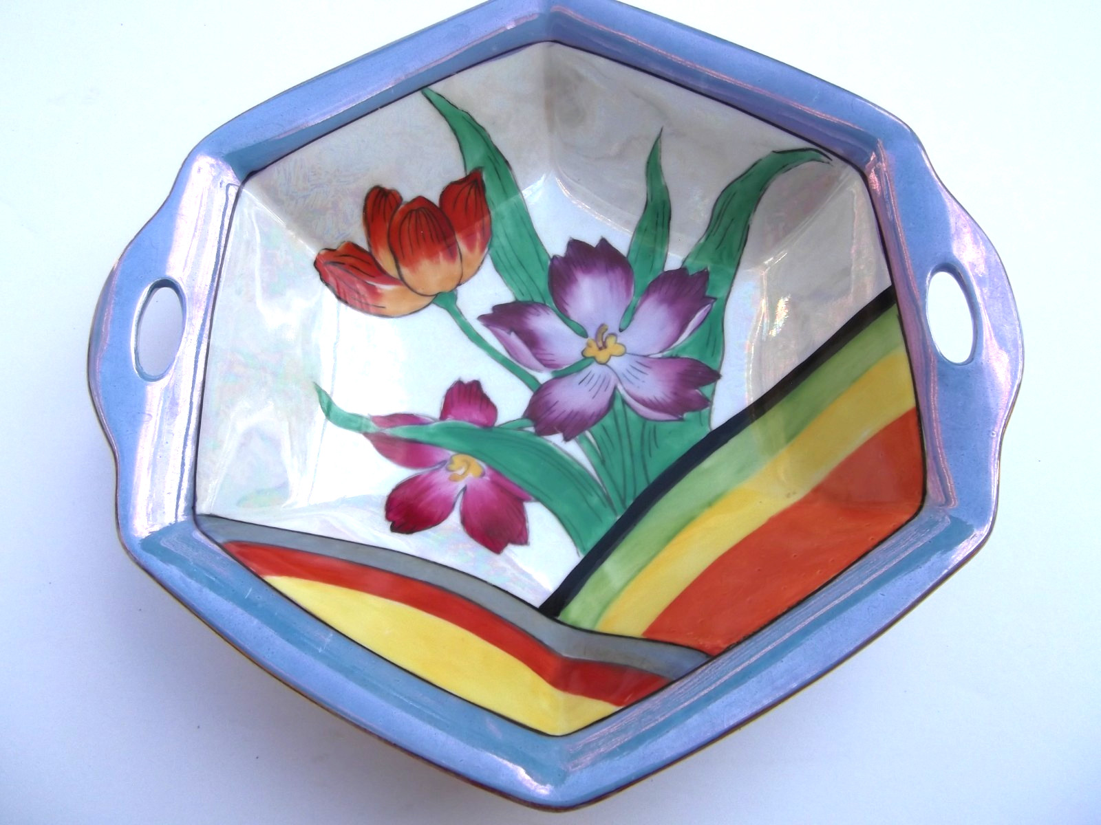 Japan Art Deco Lusterware Rainbow and Flowers 9.5″ Bowl Hand Painted Hexagon