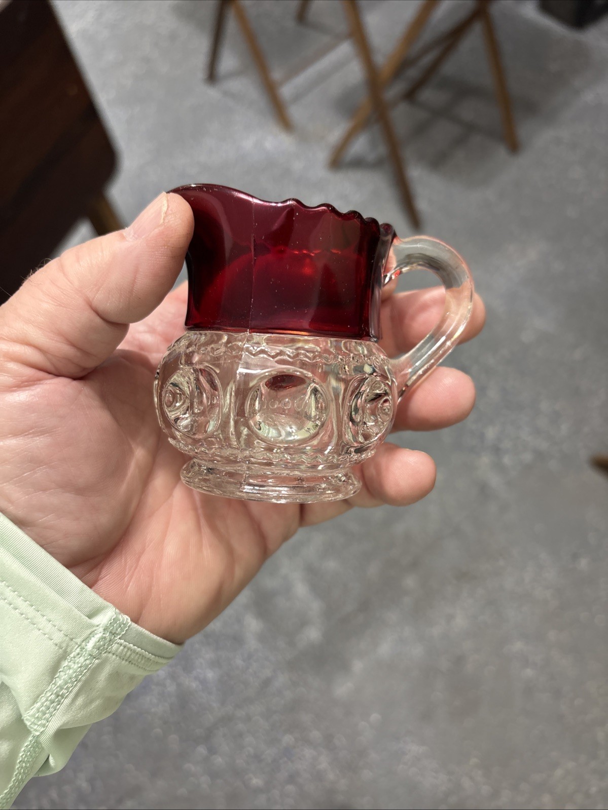 King’s Crown Thumbprint Ruby Creamer Glass Saw Tooth Style 3 Inches Tall