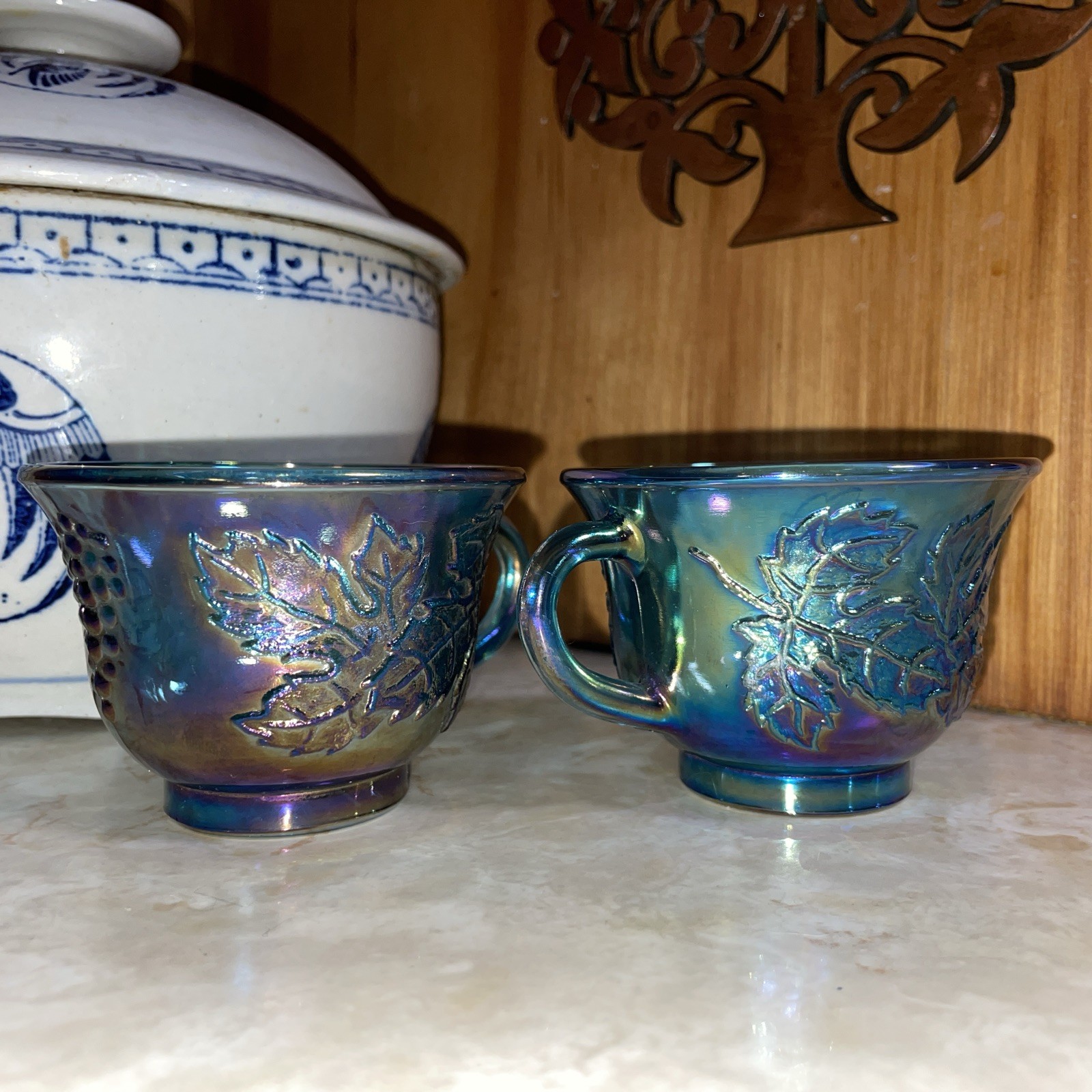 2 – Vintage Iridescent Blue Indiana Carnival Glass Grape Harvest Punch Cups