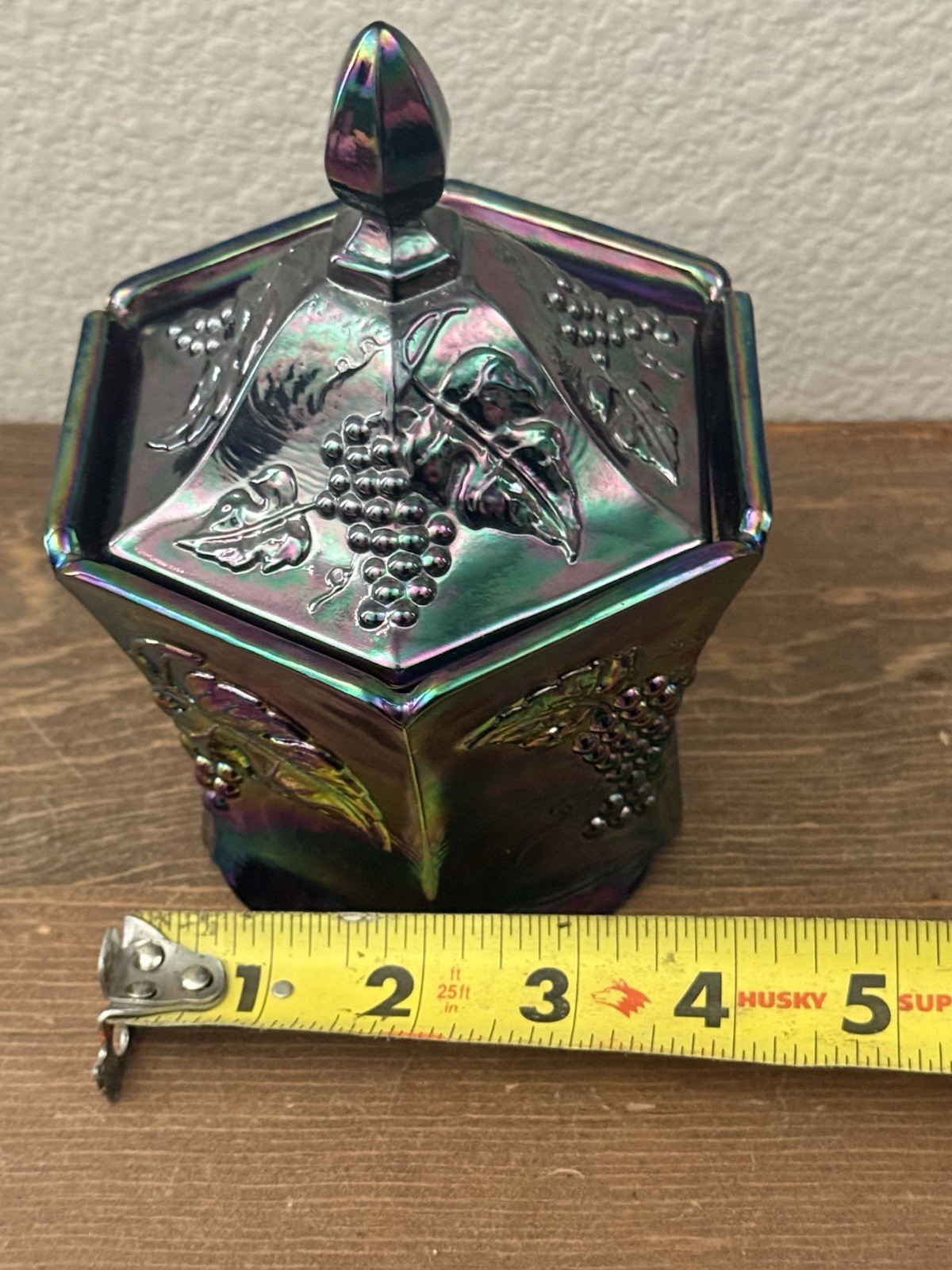 Fenton Carnival Glass Grapes Candy Dish With Lid Hexagon Shape Iridescent Finish