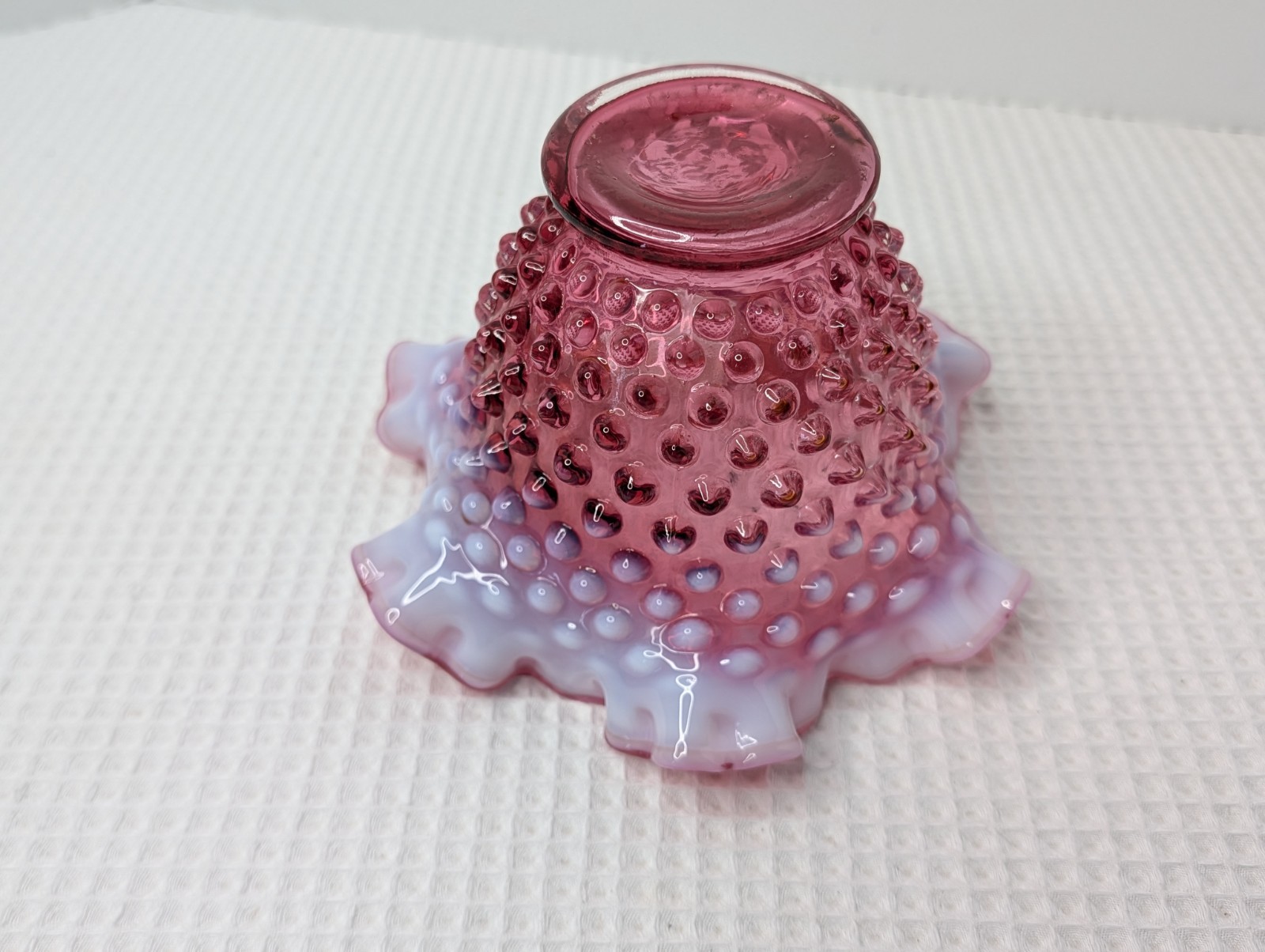 Fenton Cranberry Opalescent Candy Bowl Dish Hobnail Ruffled Vtg Snap Ring Marks