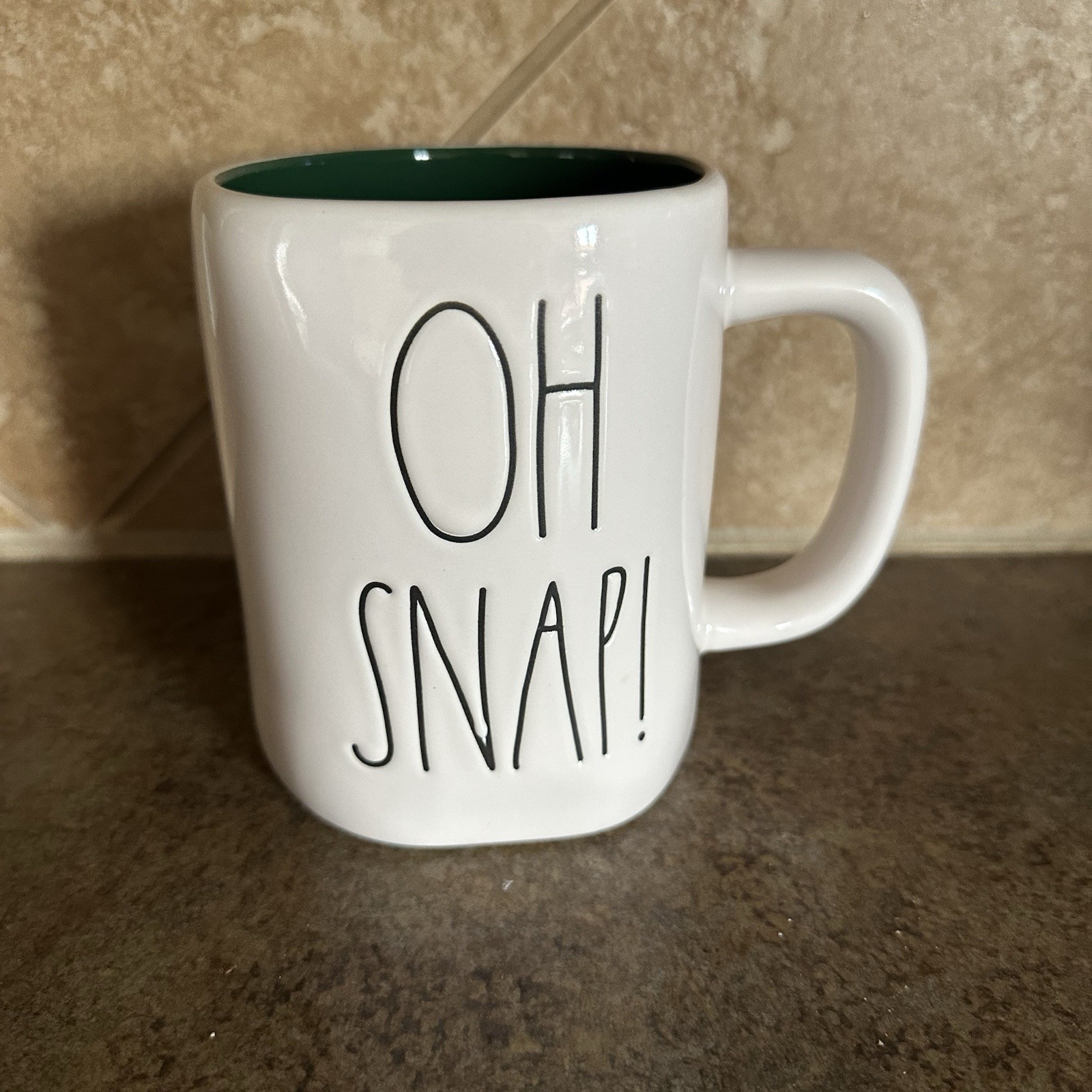 Rae Dunn Christmas Mug “Oh Snap!” Green Interior Winter Santa