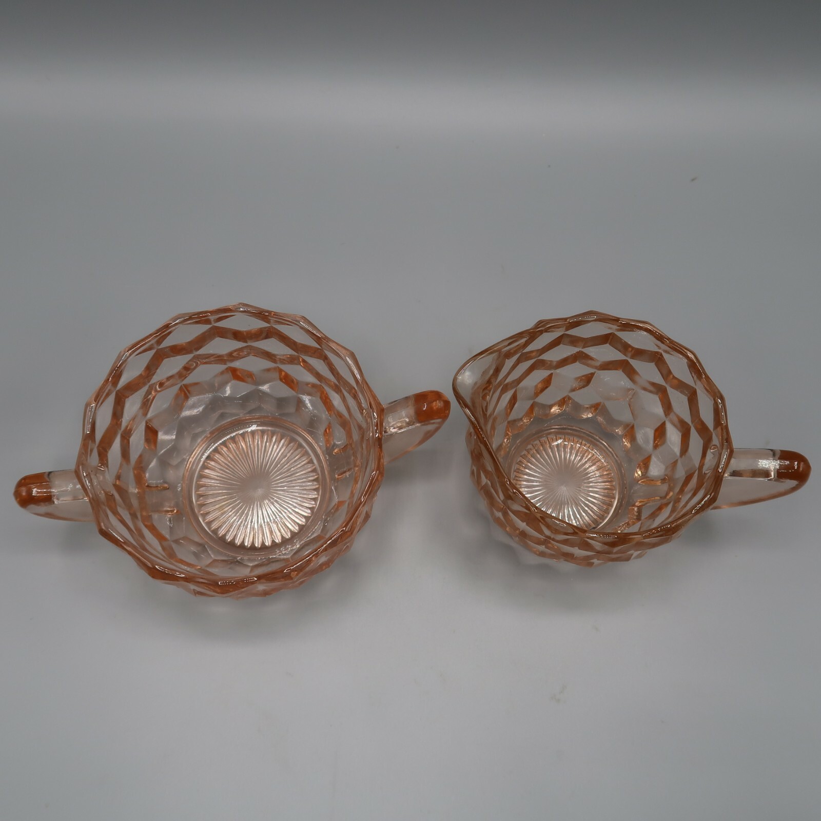 Vintage Jeannette Pink Depression Glass Cream Creamer Sugar Set Cube Cubist