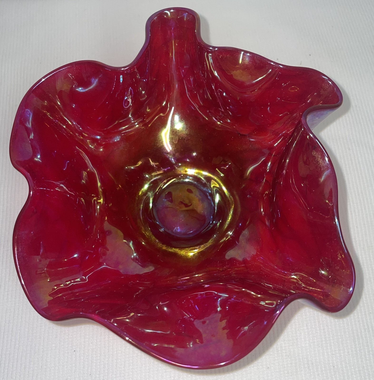 Hand Blown Wavy Edge Iridescent Carnival Glass Bowl Pontil Mark 3 1/2 Inches