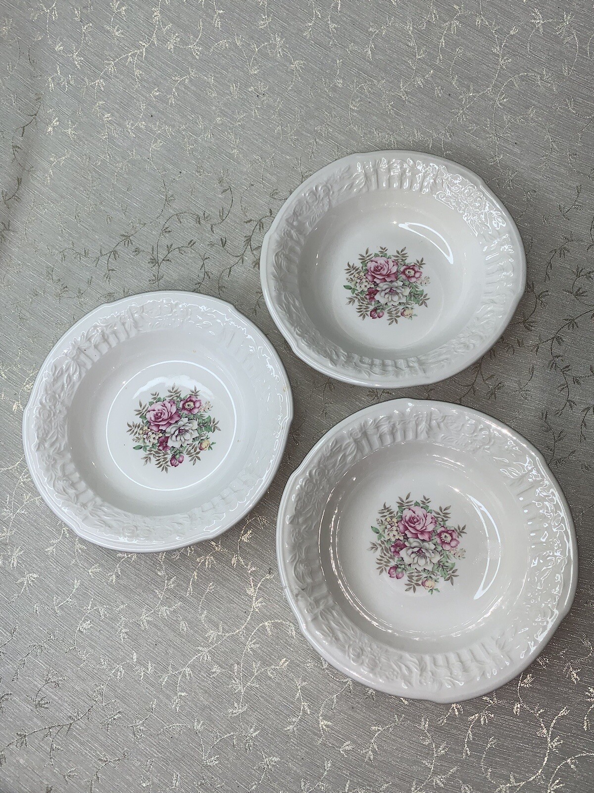 Vtg French Saxon China 6” Floral Bouquet Scalloped Embossed Edge Bowls Set Of 3