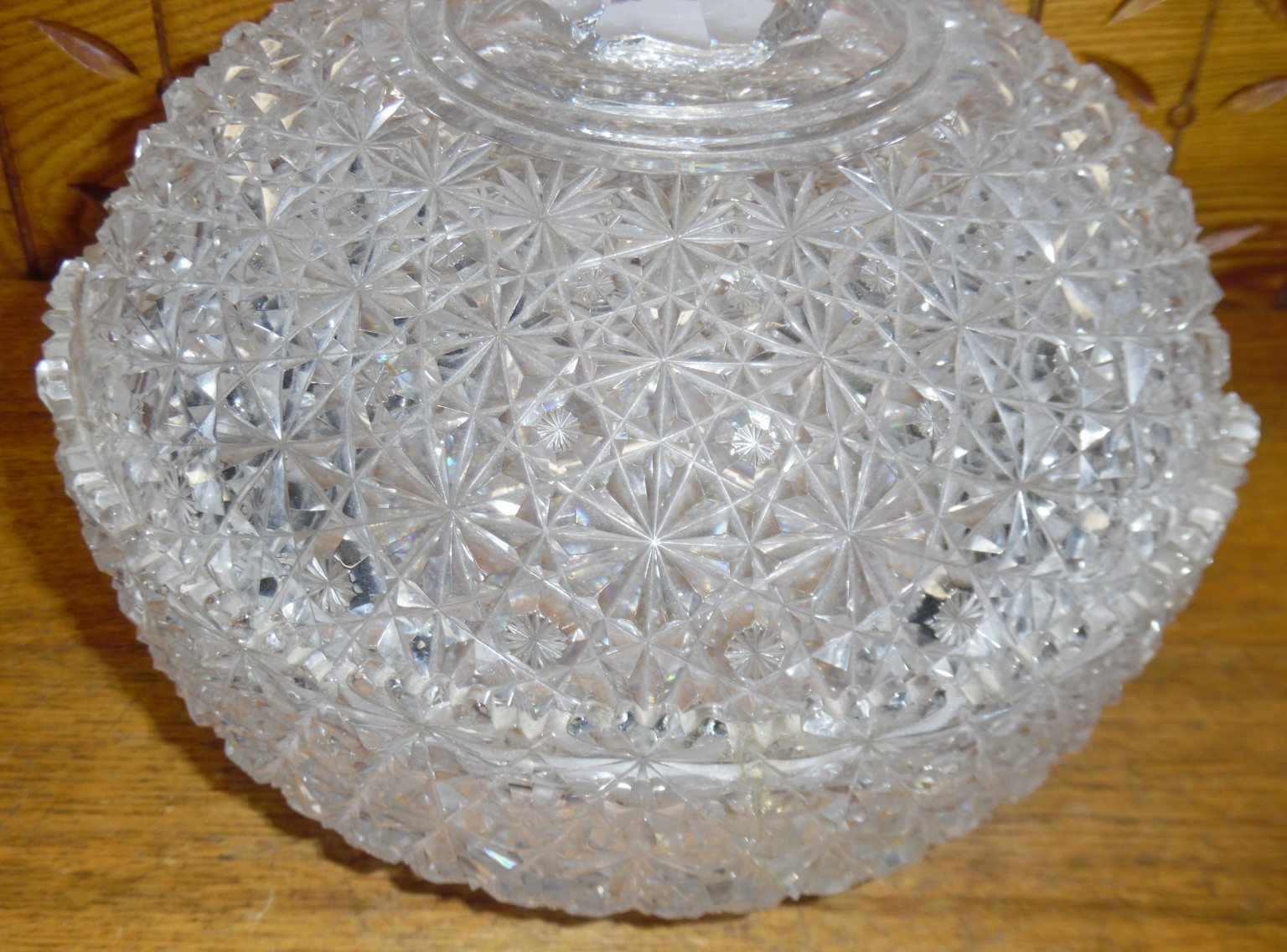 DAMAGED Antique American Brilliant Cut Glass Large Covered Dish – 9.5″ Diameter