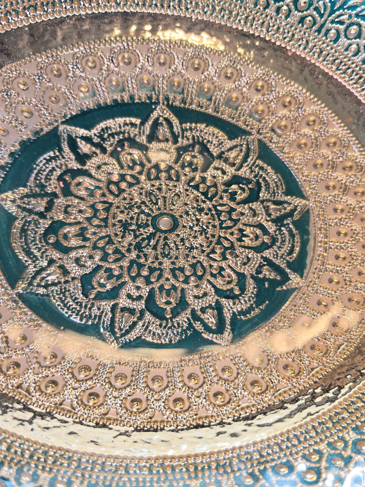 Turkish Glass Round Oval Serving Gold Green 11.5″ X 9″ X 2.5″ Beautifully Made