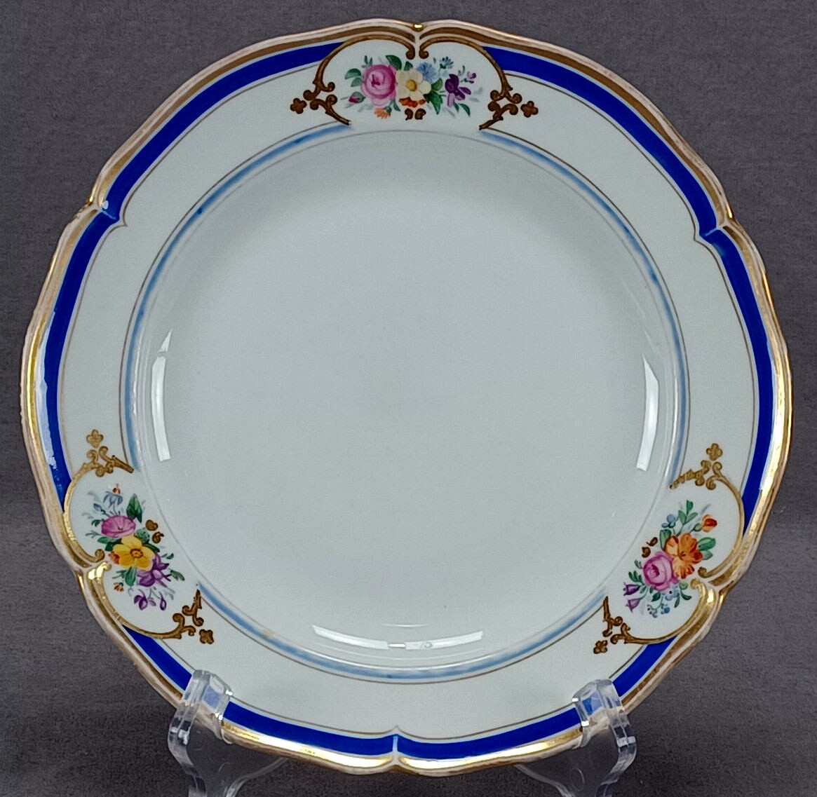 KPM Berlin Hand Painted Floral Cobalt & Gold Border 8 1/4 Inch Plate C. 1840s A