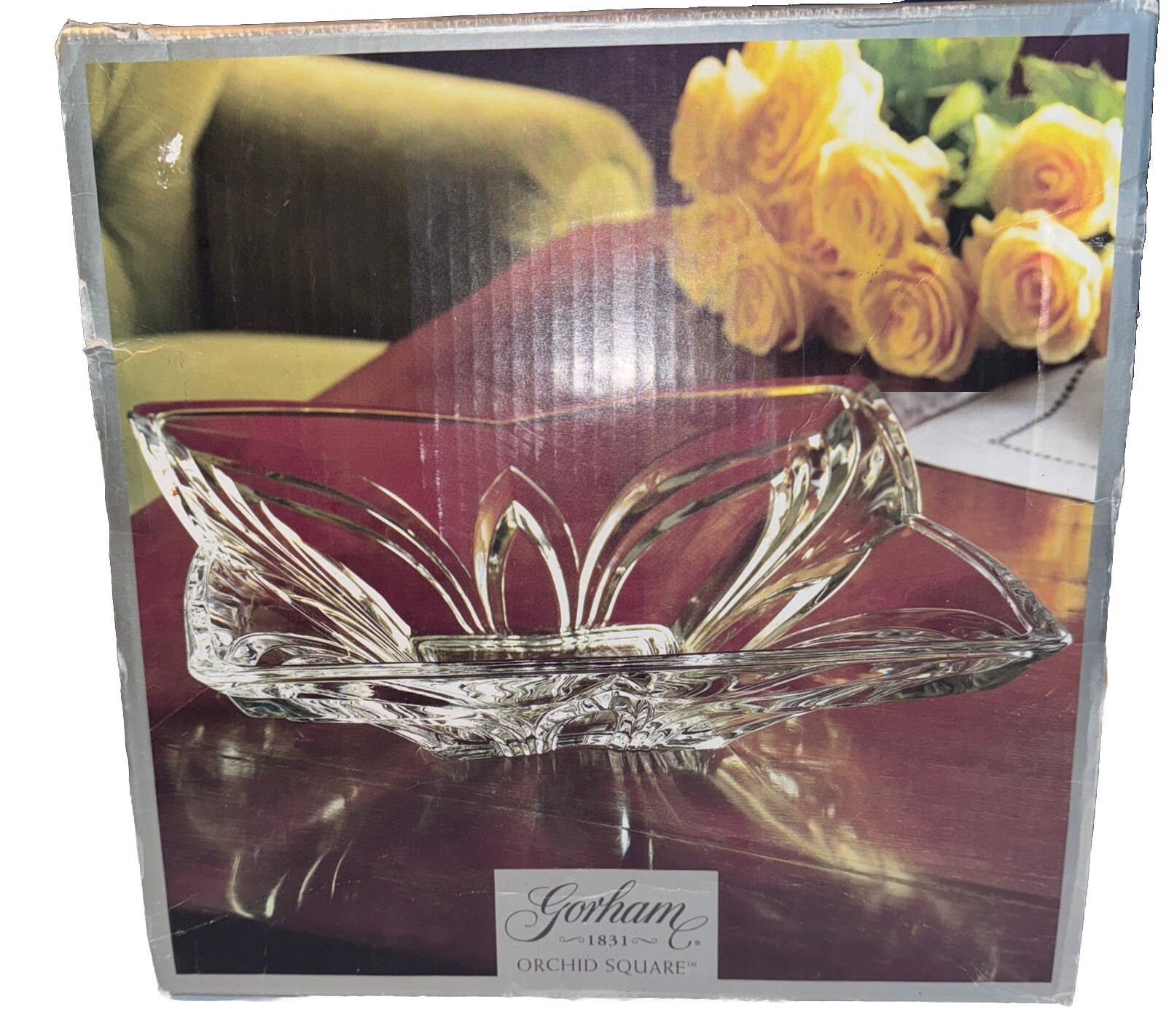 Gorham Lead Crystal Orchid Square 11 3/4 Inch Square Centerpiece Bowl Boxed