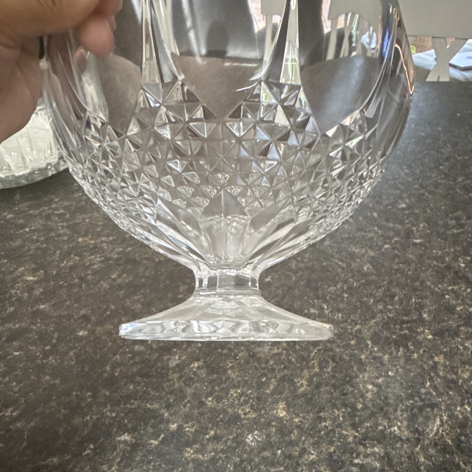Clear Cut Glass Diamond Pattern Round Pedestal Footed Serving Bowl Compote