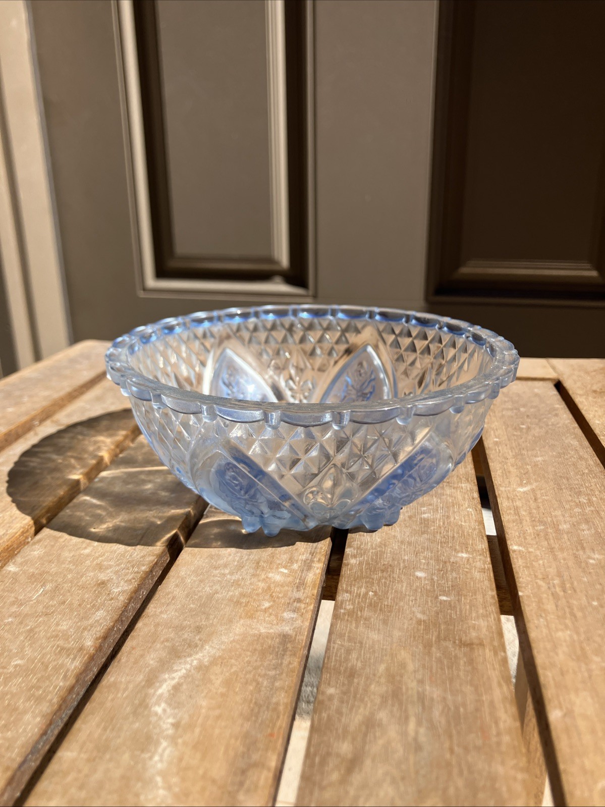 VTG KIG Indonesia Light Blue Pressed Glass Candy Dish Bowl Floral Heart 5”x2”
