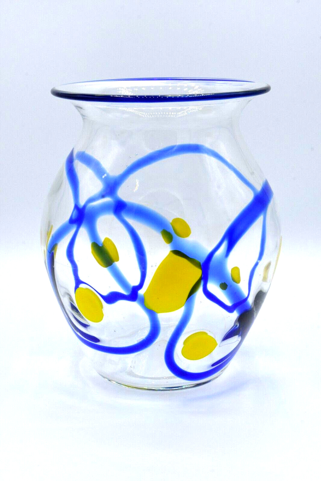Hand Blown Art Glass Vase Clear with Cobalt Blue Swirls Yellow Spots Mexico?