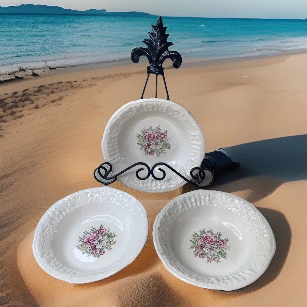 Vtg French Saxon China 6” Floral Bouquet Scalloped Embossed Edge Bowls Set Of 3