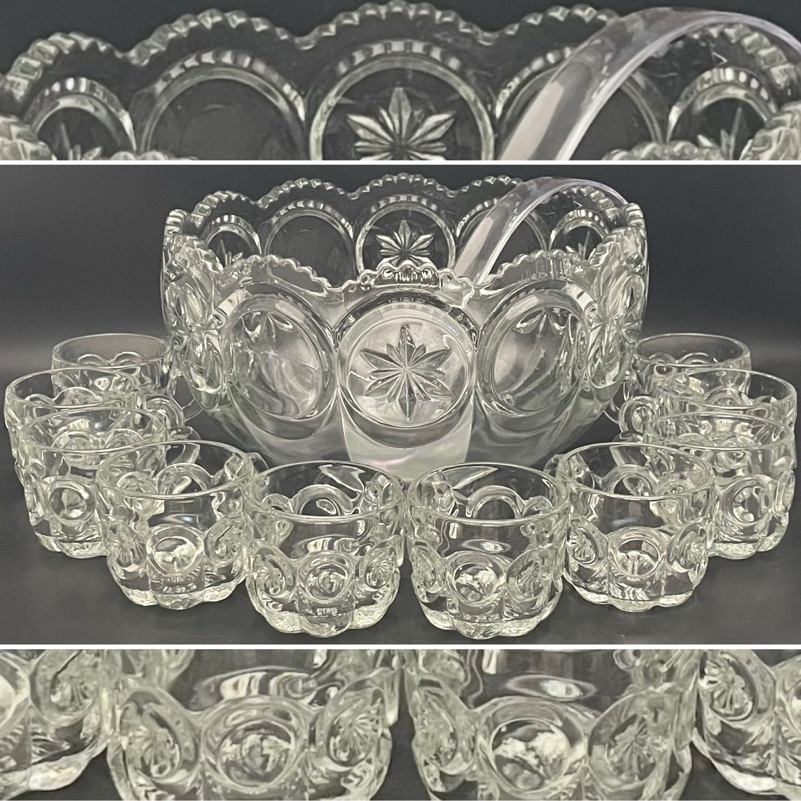 Tiffin Franciscan Moon & Stars 12pc Clear Glass Punch Bowl Set c1950s USA 4quart