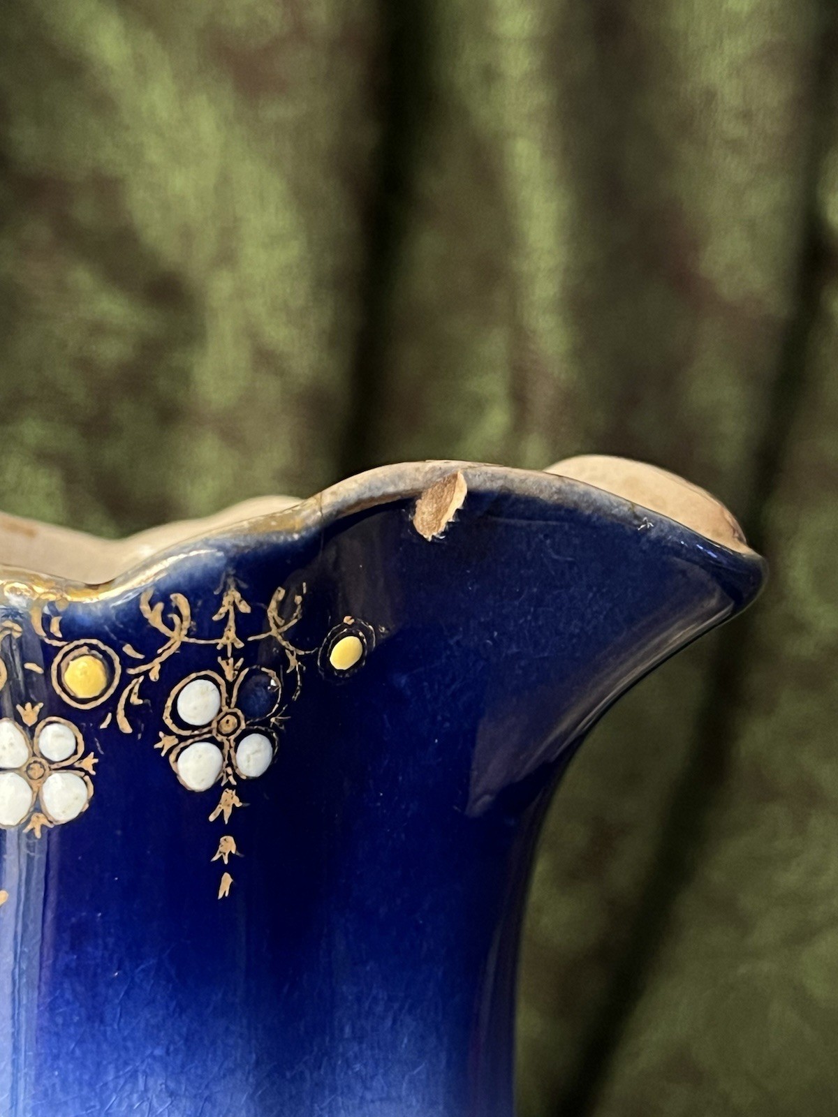 K et G Lunéville Blue White Gold Ceramic Floral Decorative Pitcher France