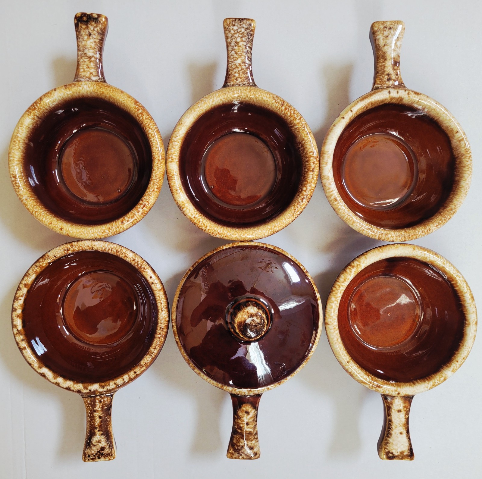 Set of 6 Vtg HULL POTTERY Soup Bowls w/Handle Oven Proof Drip Glazed