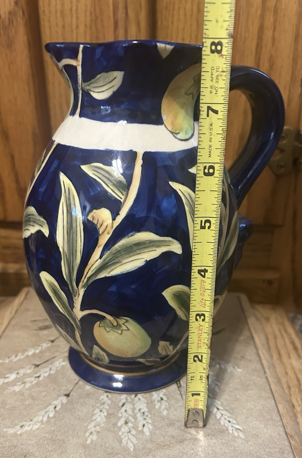 Dept. 52 – Handpainted Cobalt Blue Ceramic Pitcher, Yellow Fruit