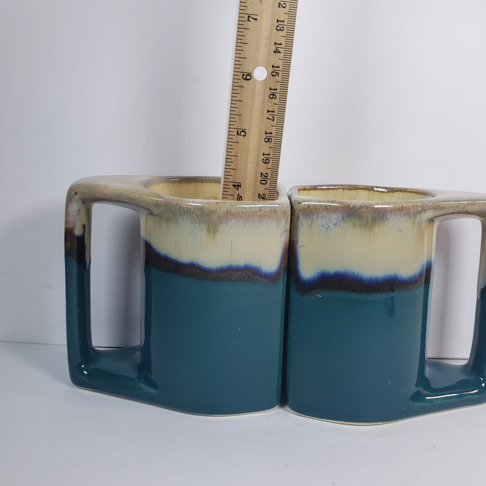 2 Rodolfo Padilla Coffee Mugs Green Blue Beige Drip Glaze Pottery Stoneware READ