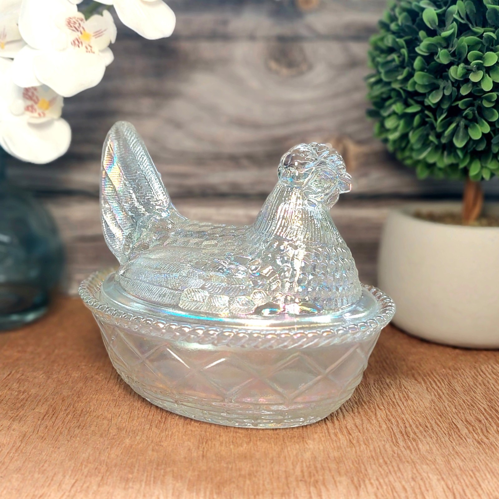 Carnival Glass Hen on Nest Chicken Candy Dish, Depression Style, Vintage Decor