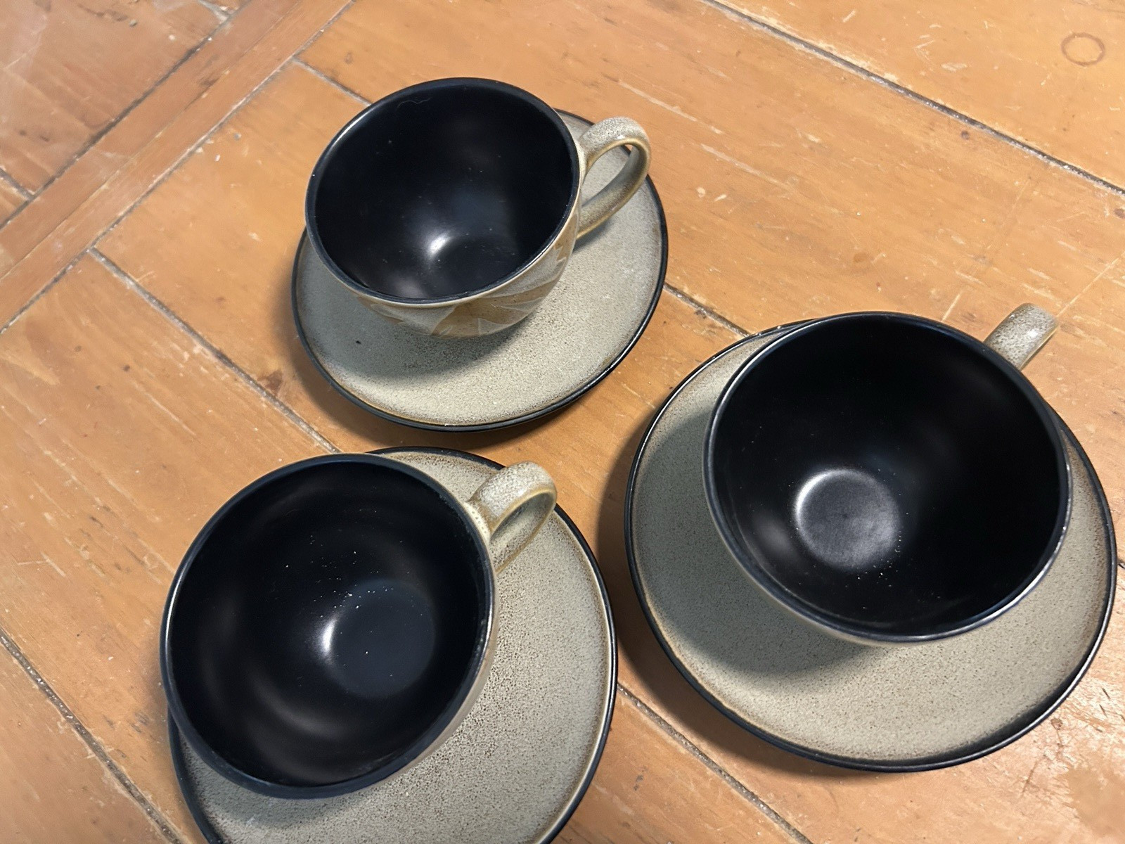 Pier 1 Cup & Saucer Set of 3 Gray Speckled Saucers Black Interior Ceramic