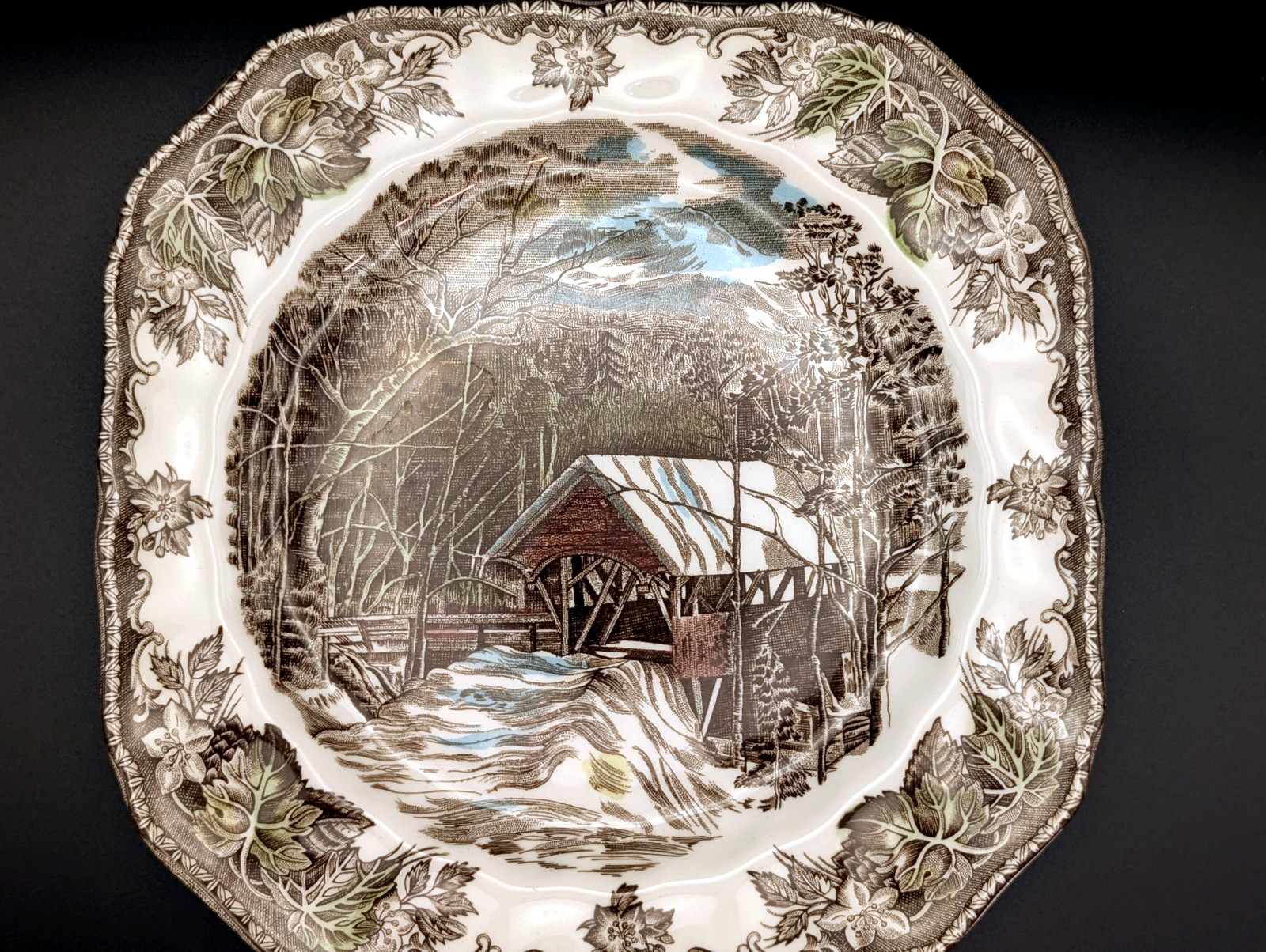 Johnson Brothers Friendly Village Covered Bridge Square Salad Plates 7 1/2″ 8 Pc