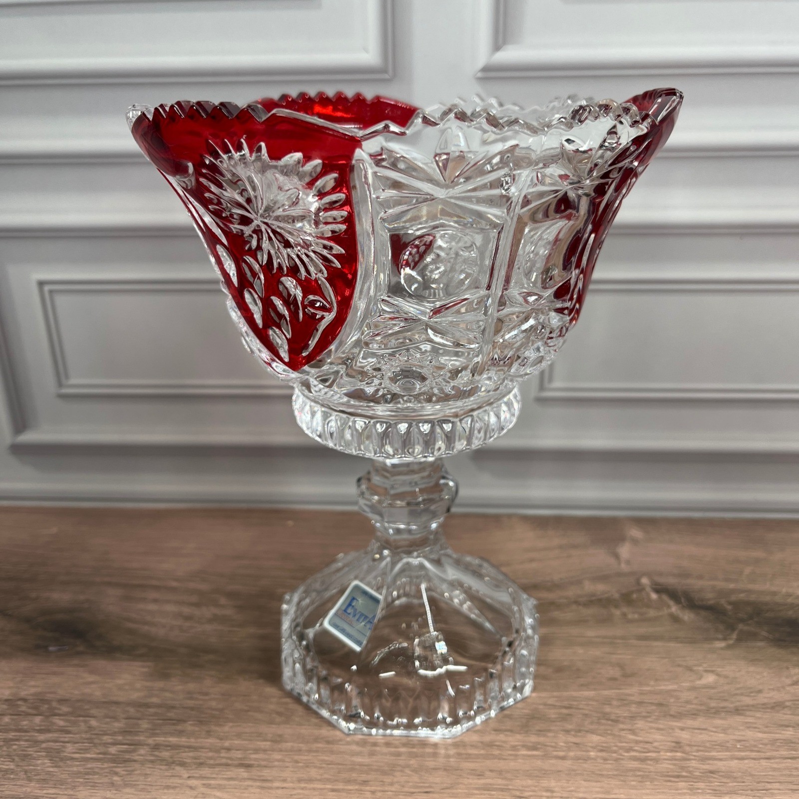 Evita Crystal 3pc Bowl Vase Set Red Clear 24% Lead Crystal Ruby Cut to Clear