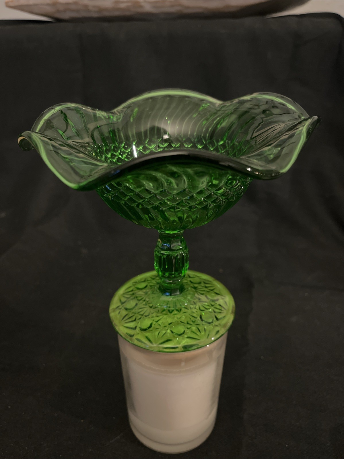 VTG Jersey Swirl Pattern. Green Glass. Candy/Compote Dish. 6” Diam 5 1/4” Tall