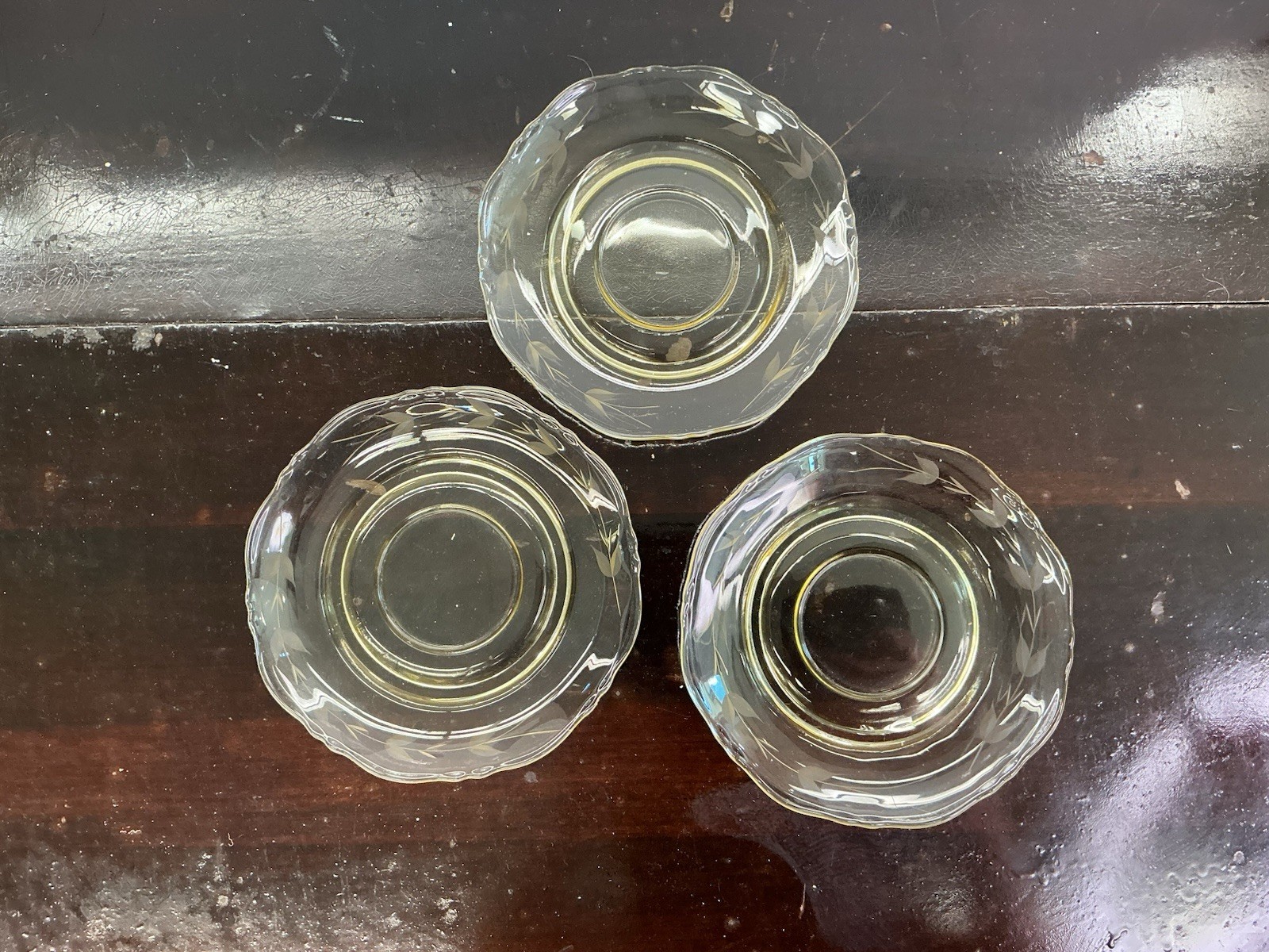 Etched Yellow Depresssion Glass Set Of 5 Cups And 7 Saucers