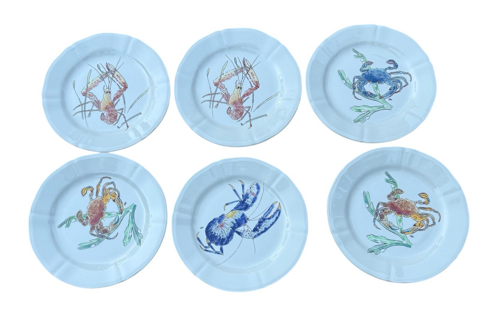Gien Grands Crustaces 9” Salad Scalloped Plate Set Shellfish France 2015 Set-6