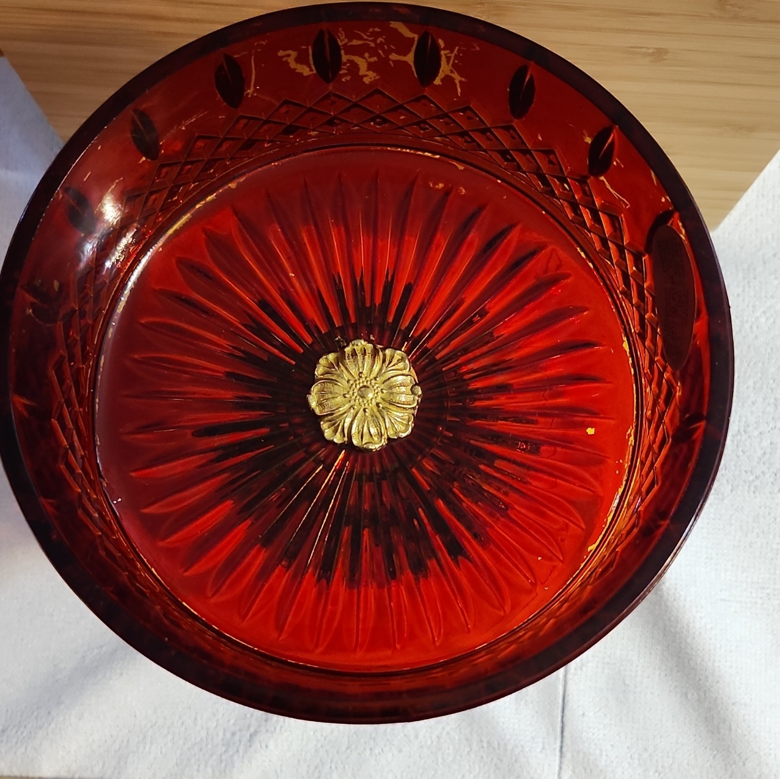 Red Glass Pedestal Compote Bowl w/ Hanging Prisms, Ornate Gold-Tone Base