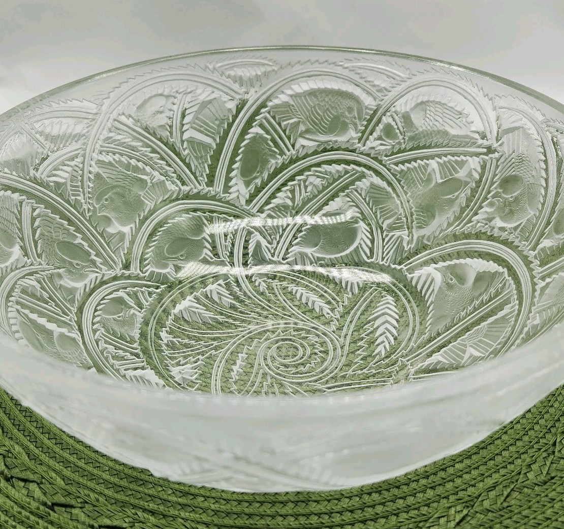 Vtg. Lalique Pinson Frosted Crystal Glass Bowl Birds Frosted Cut Glass No Damag