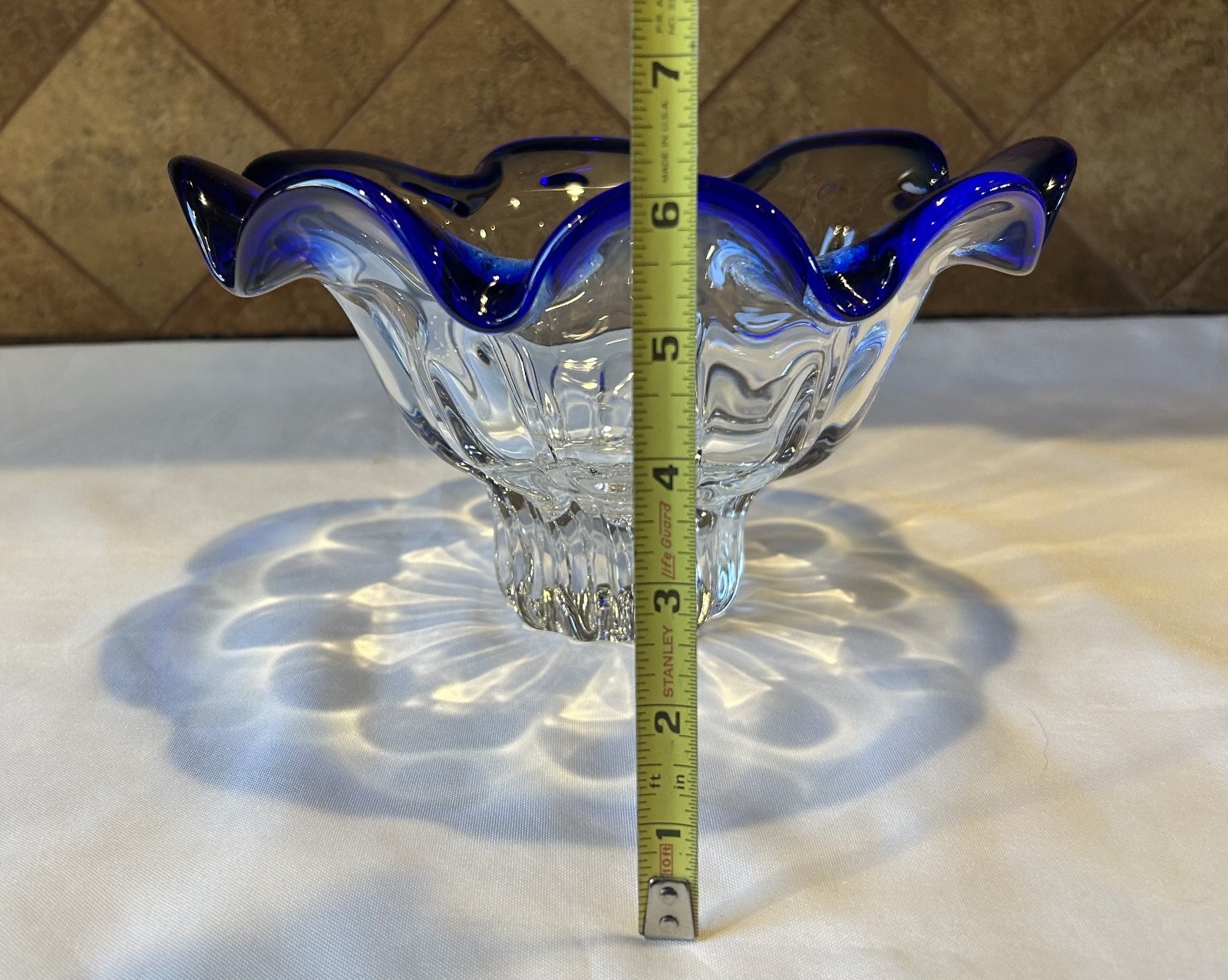 Shannon Crystal Designs of Ireland Clear/Cobalt Blue Crystal Ruffled Rim Bowl