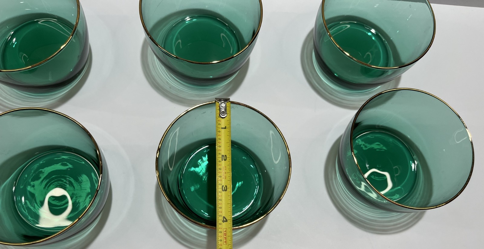 Set of 6 Libbey Teardrop Juniper Green Gold Trim Fruit Dessert Bowls 4.25″