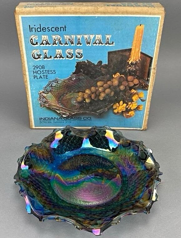 Indiana Glass Co. Diamond Point Blue Iridescent Carnival Hostess Plate