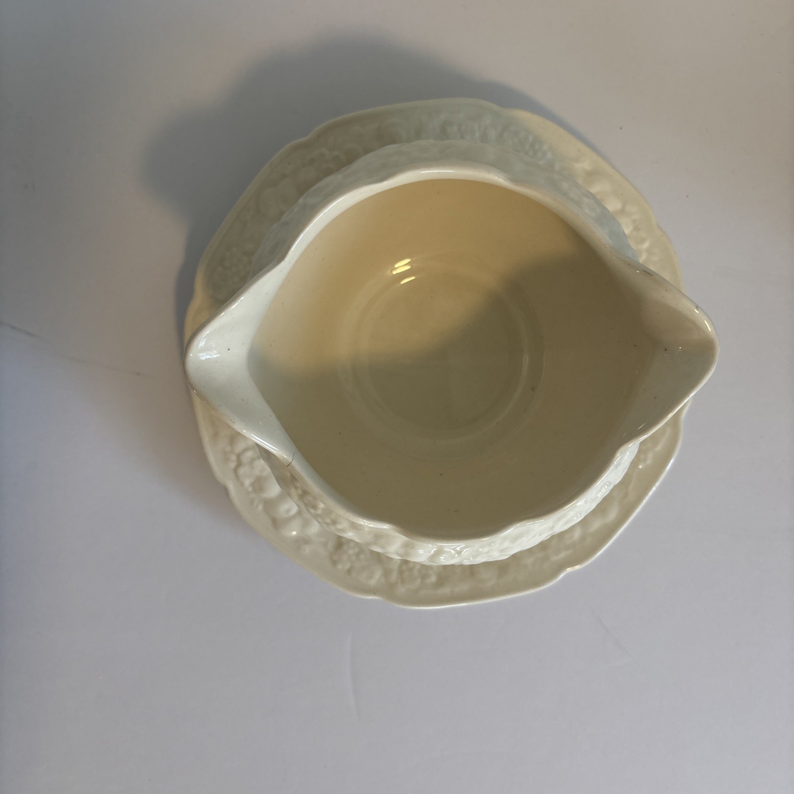 Crown Ducal Florentine Ivory Colored Gravy Boat with Attached Underplate