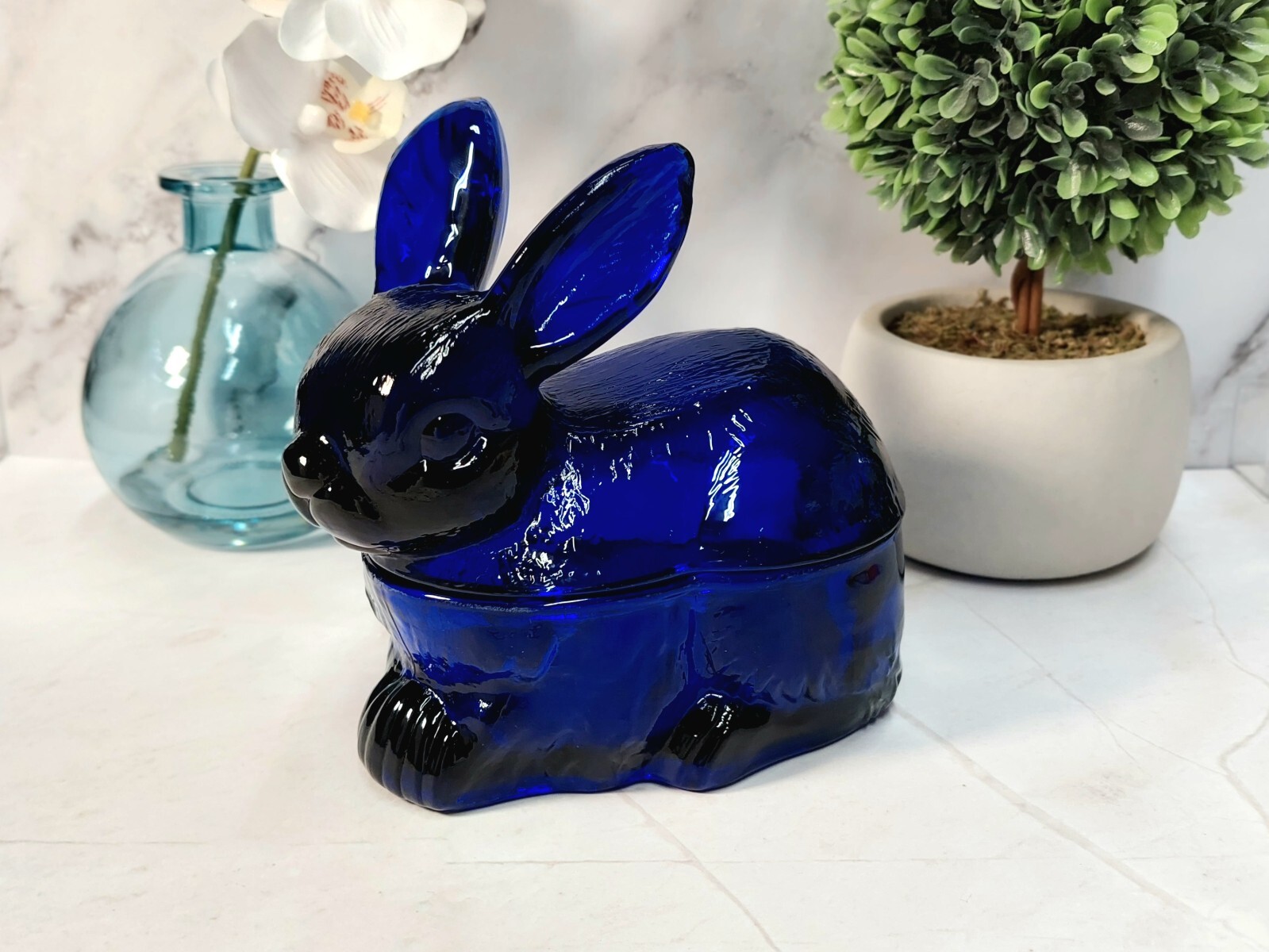 Cobalt Blue Depression Style Glass Bunny Rabbit Covered Candy Dish / Cookie Jar