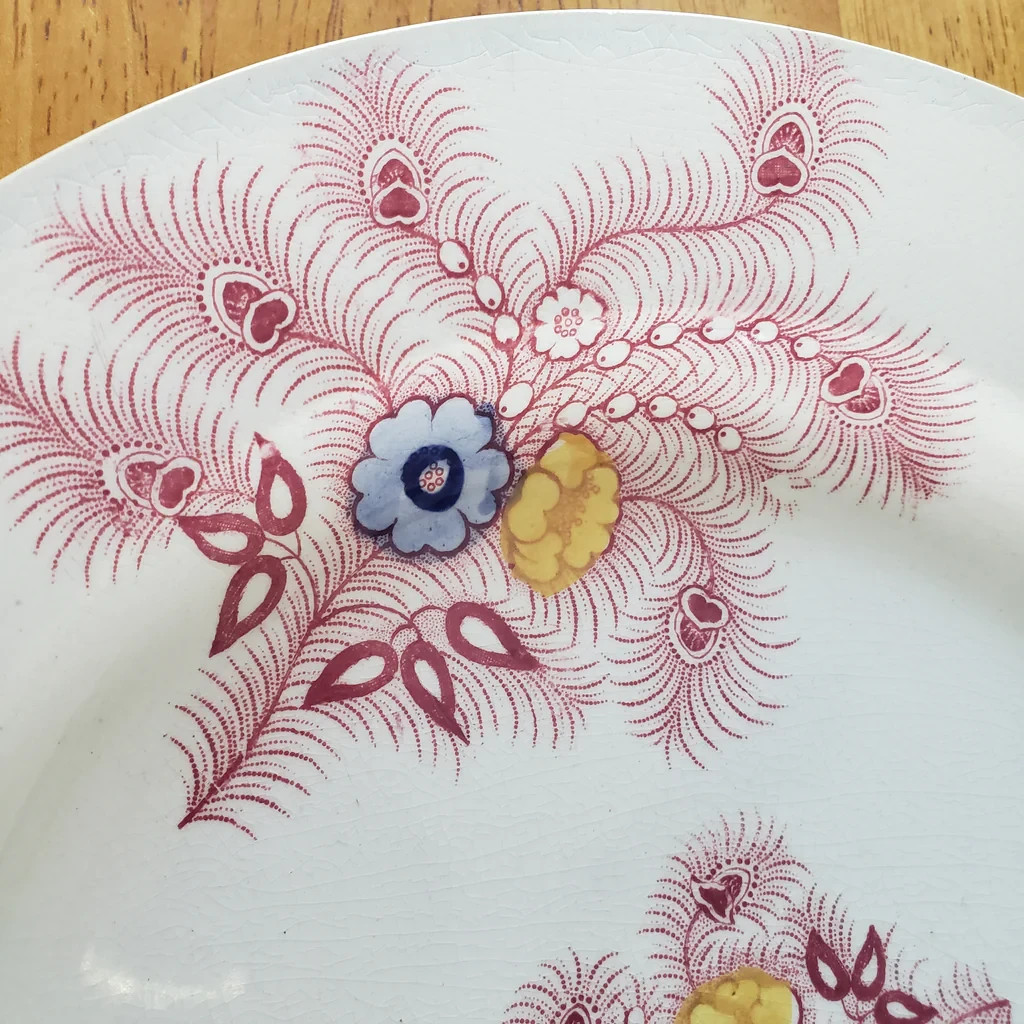 Antique Pink Feather Transferware Polychrome Plates 9” Set of 2 Wood & Challinor