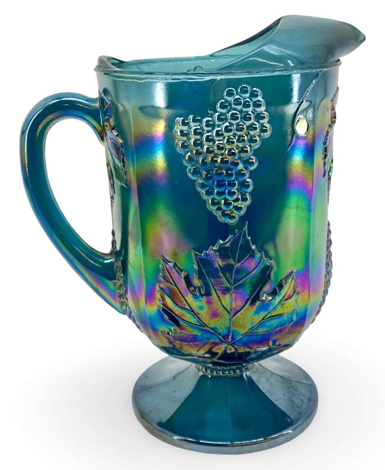 Vintage Glass Blue Carnival Harvest Grape Pitcher & 4 Tumblers Iridescent 70s