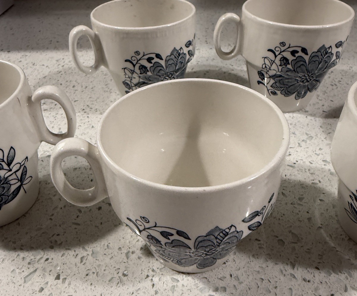Parker Brothers Ltd Offbeat Blue White Royal Tudor Tea Cups Stackable Set Of 6