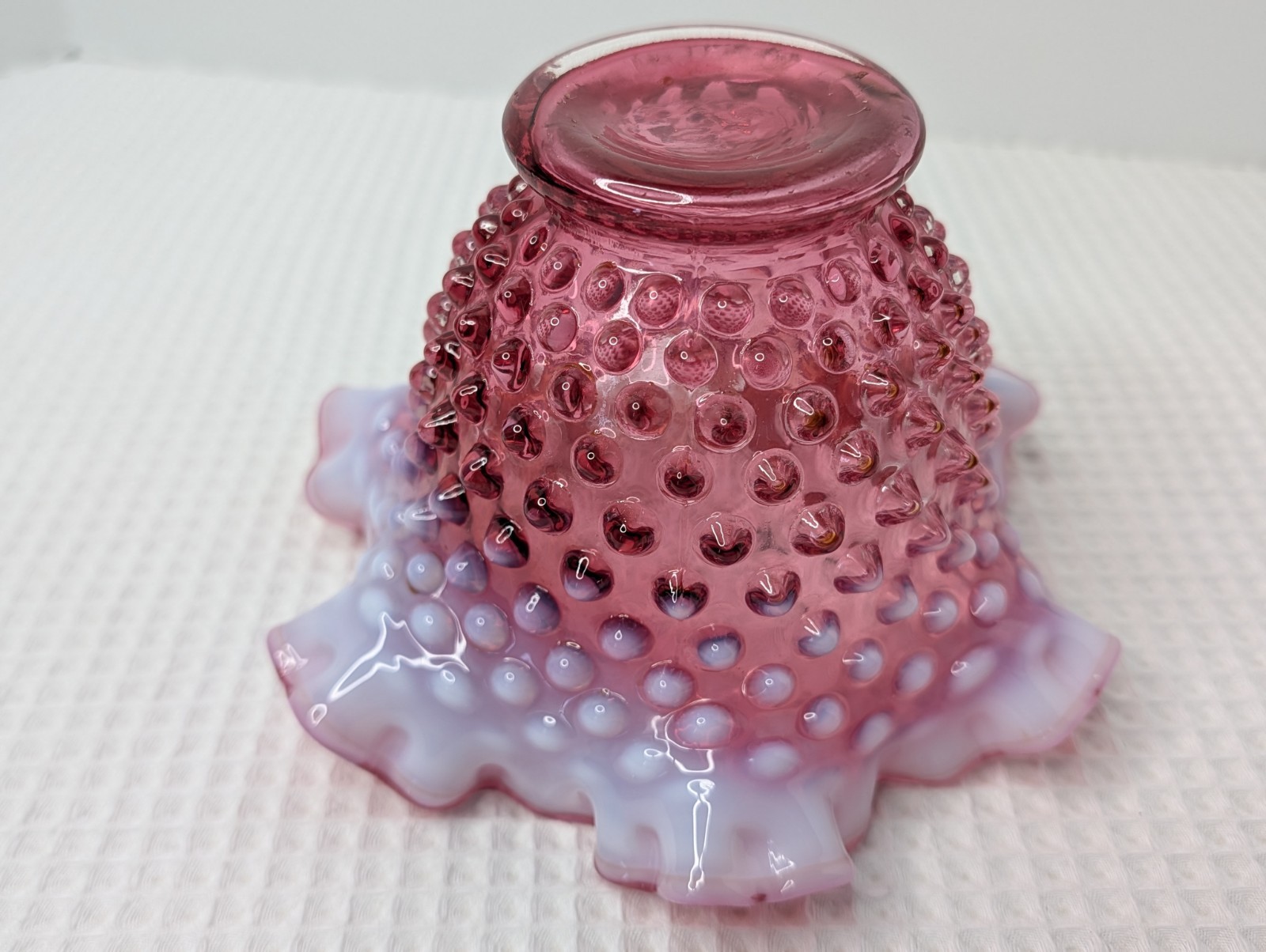 Fenton Cranberry Opalescent Candy Bowl Dish Hobnail Ruffled Vtg Snap Ring Marks