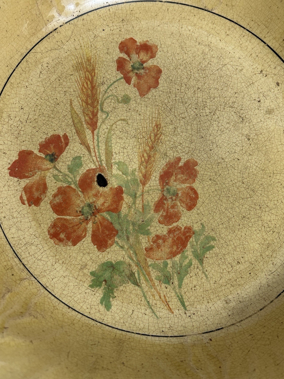 Antique Vintage Serving BOWL Heavily Stained & Crazed Toasty Floral Queen Wheat